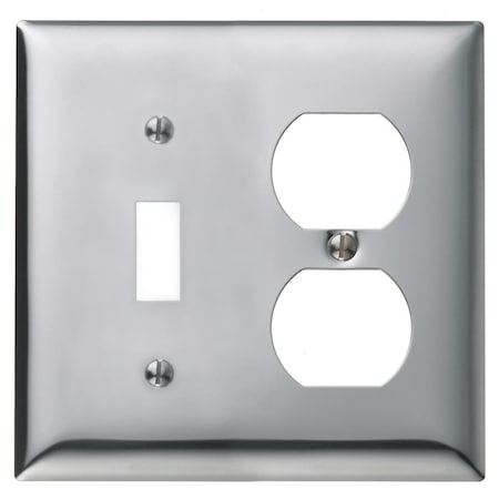 Hubbell Wiring Device-Kellems Wallplates and Boxes, Metallic Plates, 2- Gang, 1) Toggle, 1) Duplex, Standard Size, Chrome Plated Steel SCH18
